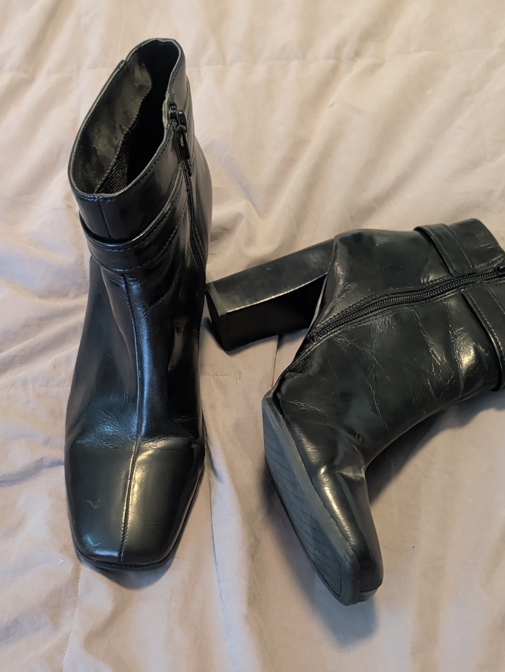 Franco Sarto Black Square-Toe Block Heel Booties with Side Zip